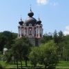 Vedere spre cupolele Bisericii Naşterea Maicii Domnului a Mănăstirii Curchi peste lac, anul 2009